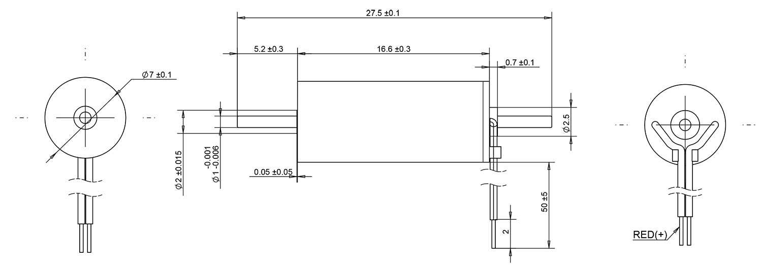 716 coreless motor dual shaft dimension drawing